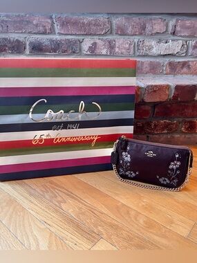 Coach Oxblood Floral Embroidered Large Leather Wristlet F11882